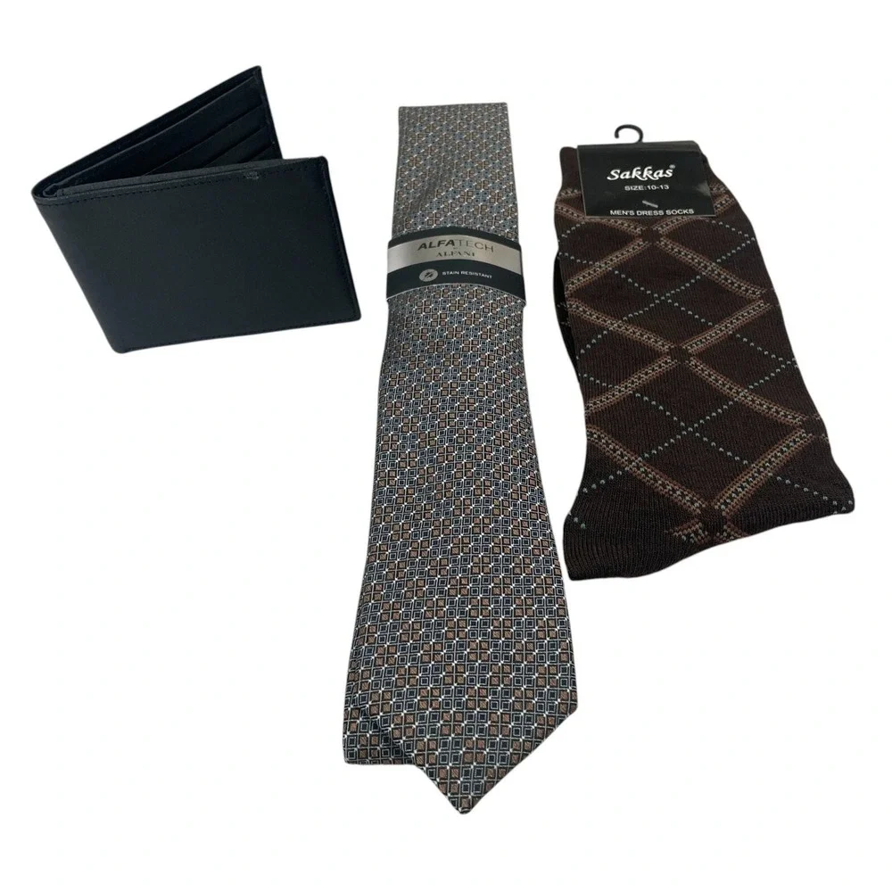 Mens Dress Socks Tie Wallet Gift Set Alfani Genuine‎ Leather Business Formal